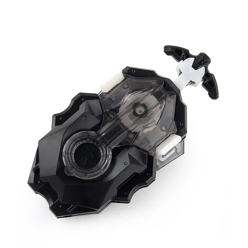 A black battle spinning top with metal construction and white accents.