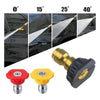 A set of five high pressure washer nozzles in various angles and colors, including red and yellow tips.
