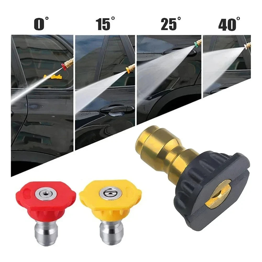 A set of five high pressure washer nozzles in various angles and colors, including red and yellow tips.