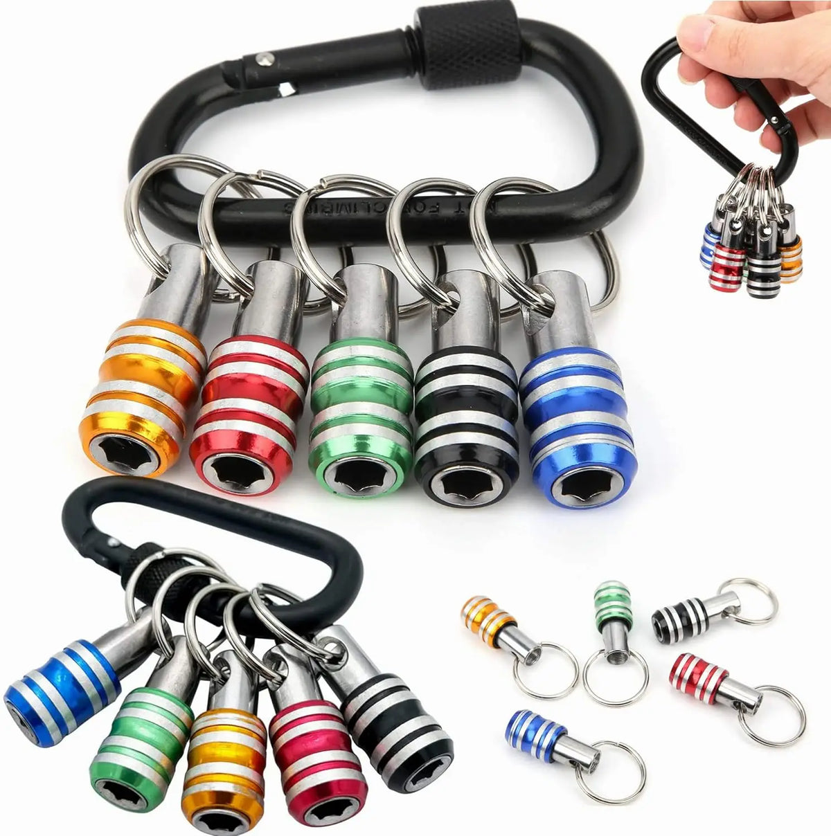 A set of magnetic hex bit holders and a keychain with quick-release chucks.