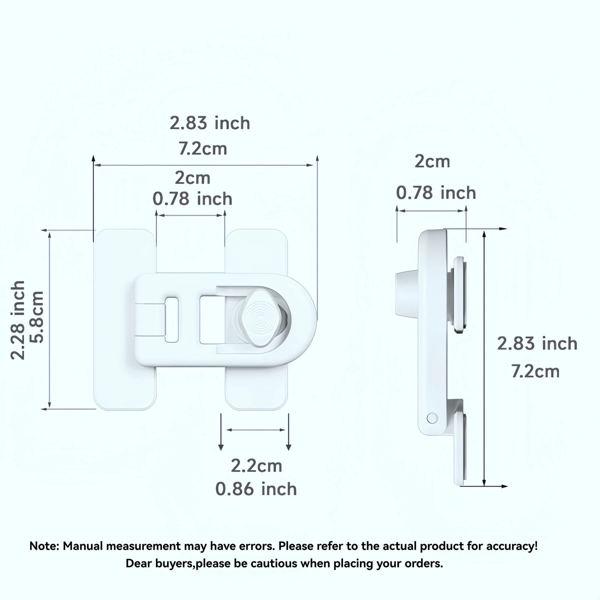 White non-drill child safety door locks for appliances shown with dimensions.