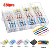 A clear plastic storage box containing 828 pieces of waterproof heat shrink solder wire connectors with tin-coated copper ter