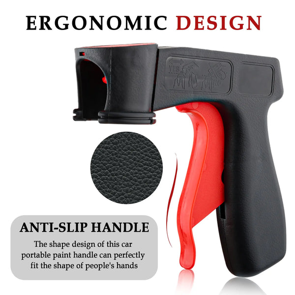 Black and red reusable spray paint can with an anti-slip handle designed to fit the shape of a person's hand.
