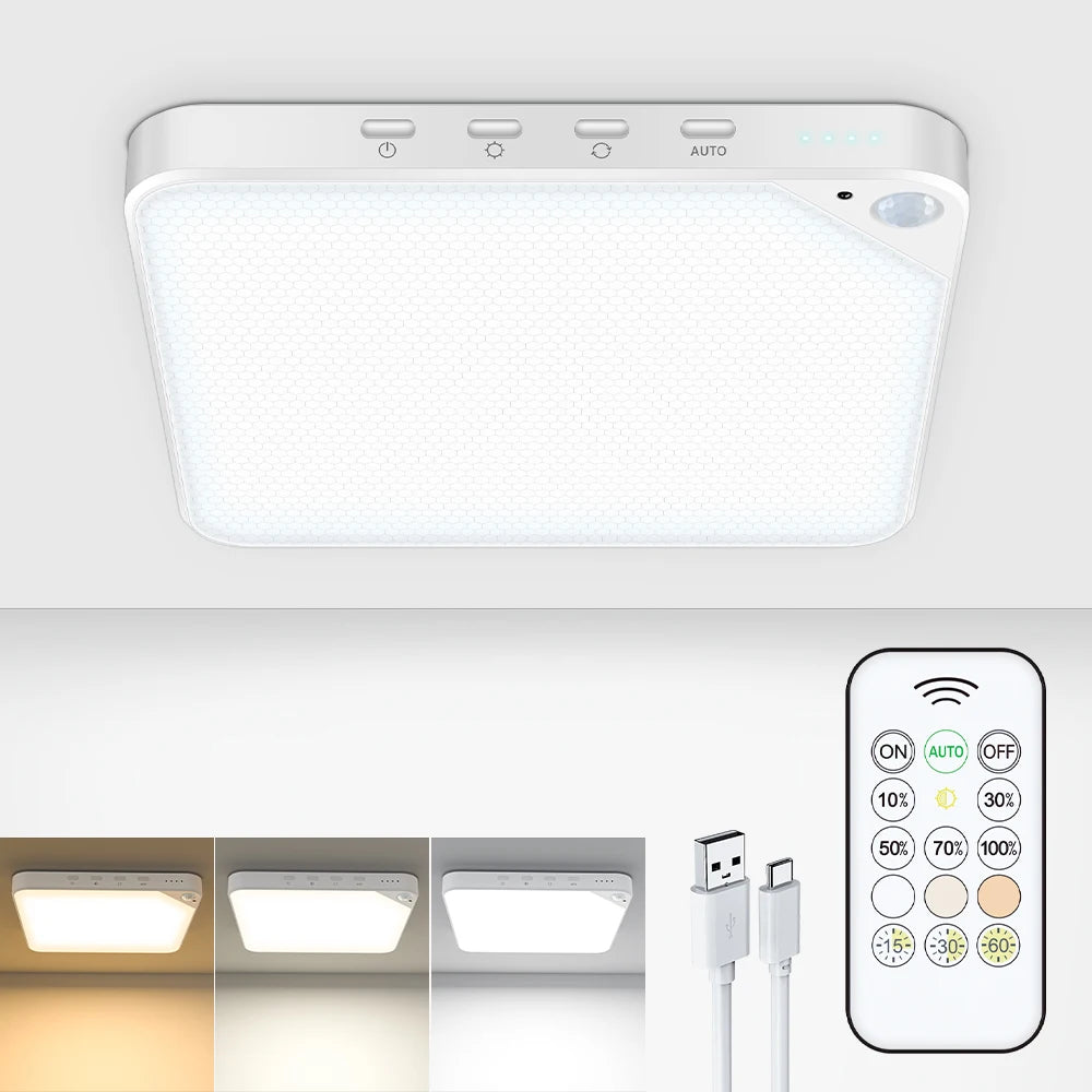 A white rechargeable motion-sensor ceiling light with an auto mode indicator and various light output options.