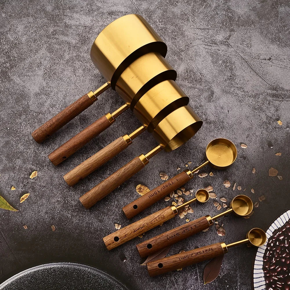 Stainless Steel Measuring Cup and Spoon Set with Wooden Handles