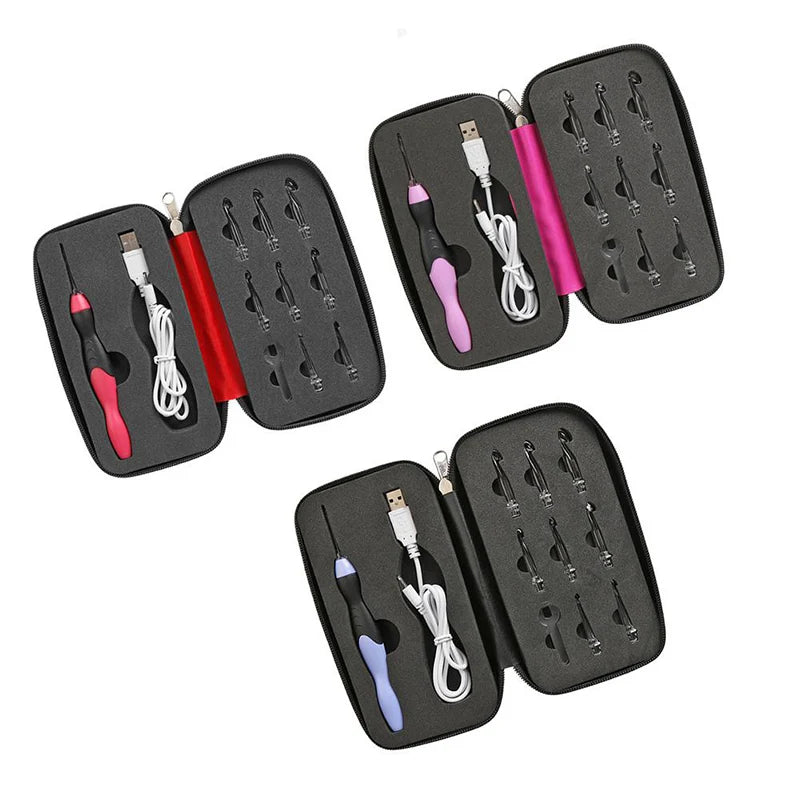 A set of nine interchangeable rechargeable LED crochet hooks with individual storage cases in various colors.