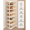 A white stackable vertical shoe rack displaying various types of shoes like slippers, leather shoes, casual shoes, sandals, h