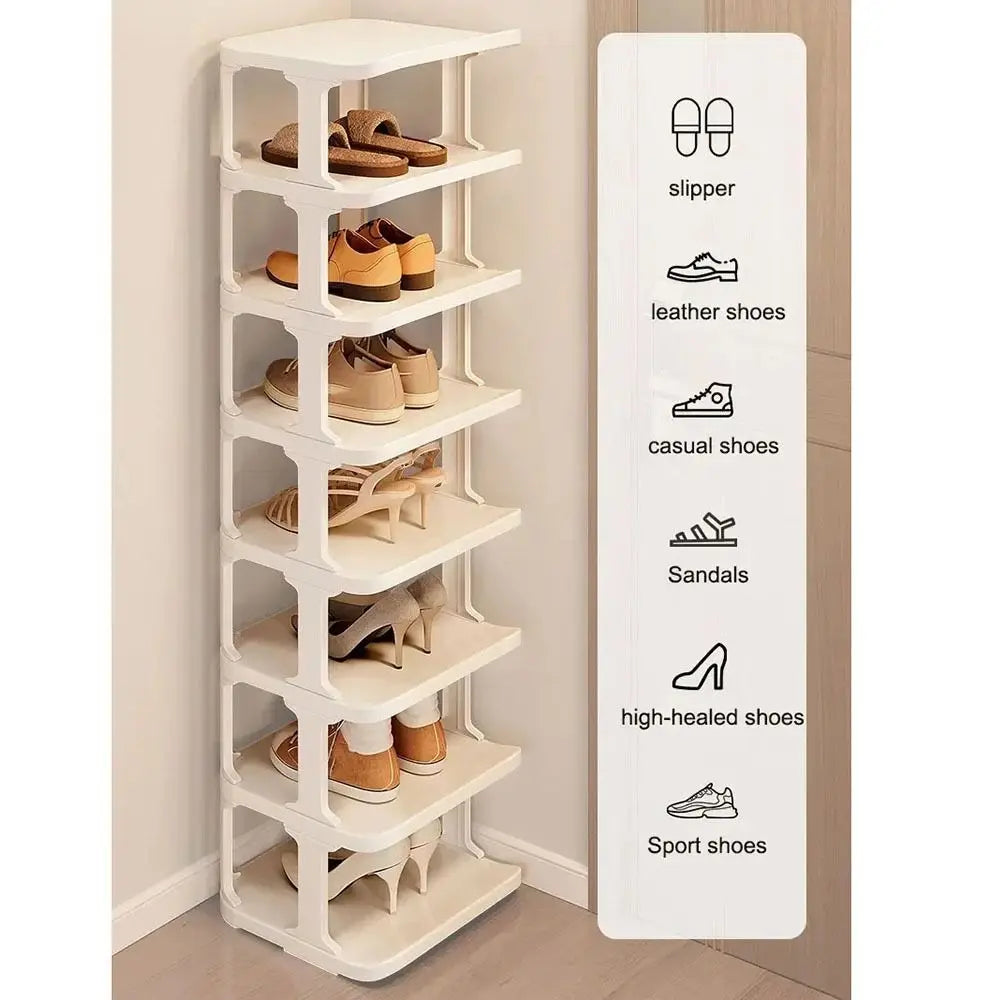 A white stackable vertical shoe rack displaying various types of shoes like slippers, leather shoes, casual shoes, sandals, h