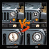 Comparison of a halogen lamp versus an LED headlight on a vehicle grille.