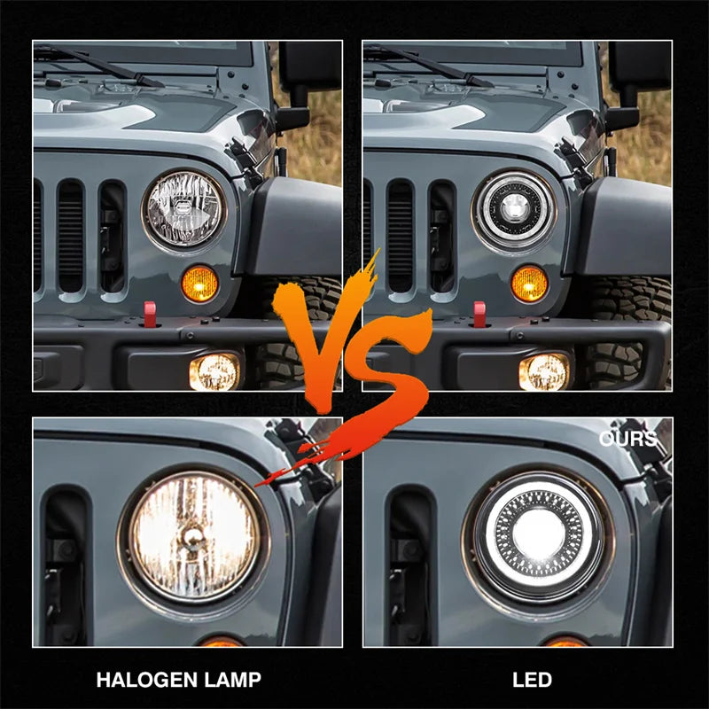 Comparison of a halogen lamp versus an LED headlight on a vehicle grille.