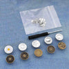 A clear plastic bag contains an instant no-sew snap button kit for loose jeans with various buttons and a tool.
