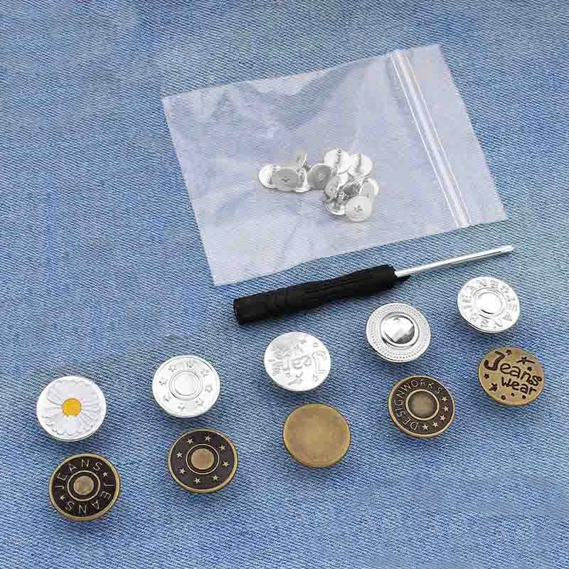 A clear plastic bag contains an instant no-sew snap button kit for loose jeans with various buttons and a tool.