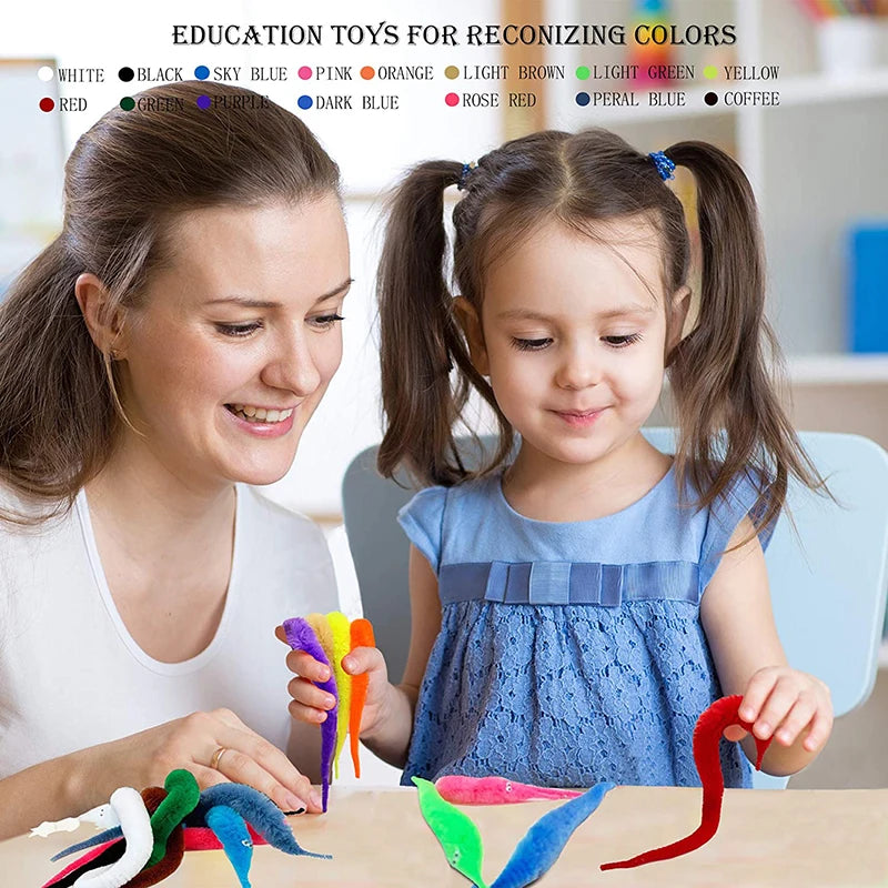 A woman and a girl are demonstrating an education toy for recognizing colors with fuzzy wiggly worms.