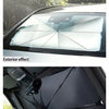 Demonstration of a car windshield sun shade umbrella showing exterior and interior effects.