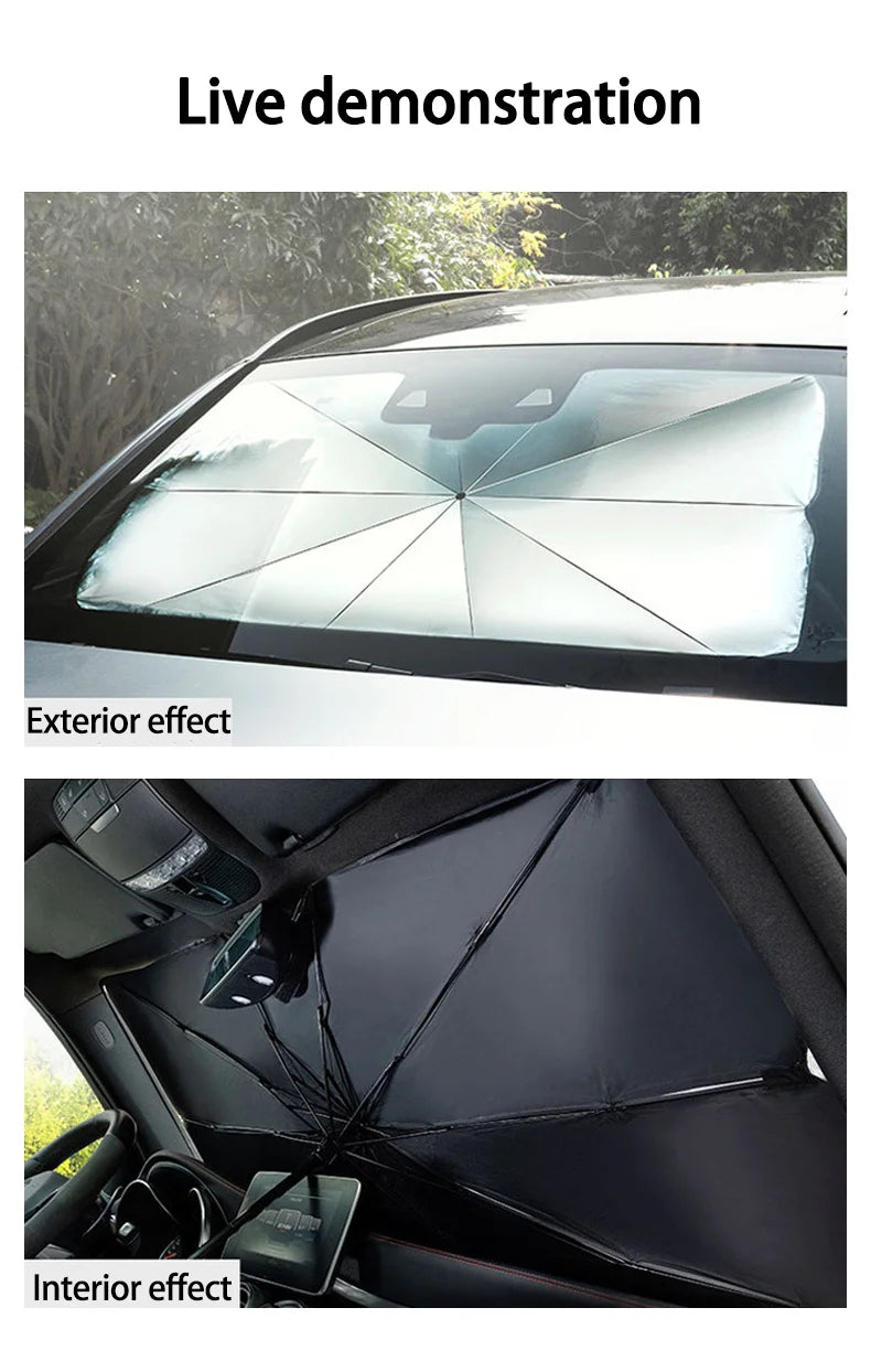 Demonstration of a car windshield sun shade umbrella showing exterior and interior effects.