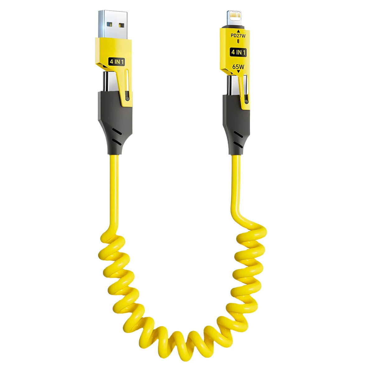 A yellow retractable fast charging cable with a USB-C and Lightning connector is shown.