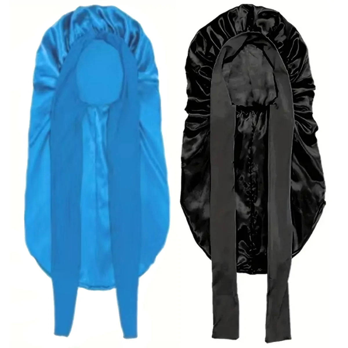 Ein Paar Satin-Schlafbinden, eine blau und eine schwarz, flach dargestellt.