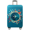 A teal suitcase with a globe design featuring various landmarks and an airplane.