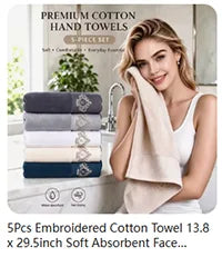 A woman holds a light beige embroidered cotton hand towel in a bright bathroom setting.
