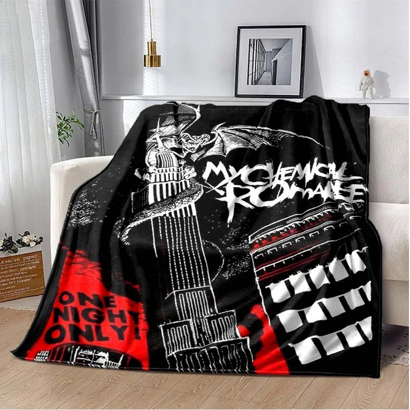 A black and white graphic fleece throw blanket featuring My Chemical Romance imagery.