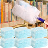 A hand holds a white microfiber duster refill, with several light blue microfiber cleaning cloths visible in the foreground.