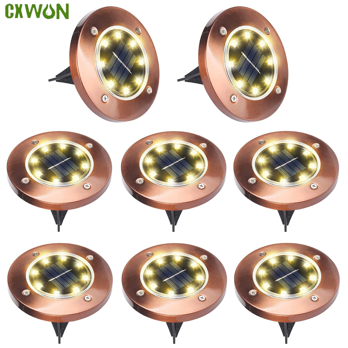 Four views of a copper-colored solar-powered ground path light fixture with an integrated LED.