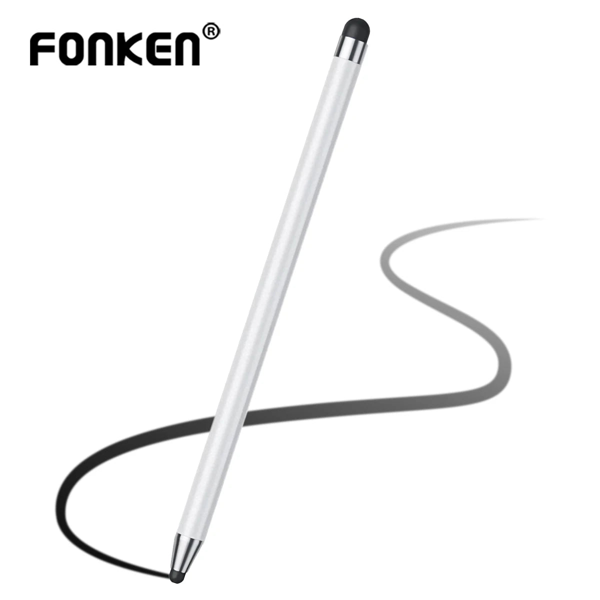 A white Fonken precision dual-tip capacitive stylus shown diagonally against a white background.
