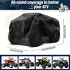 Black heavy-duty ATV cover shown in various angles, demonstrating all-round coverage for protection.