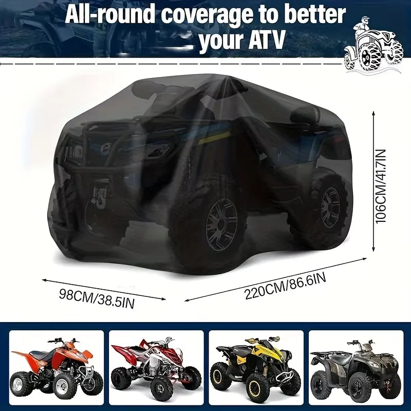 Black heavy-duty ATV cover shown in various angles, demonstrating all-round coverage for protection.