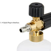 A close-up view of a black high-pressure foam lance connector with a brass fitting and a threaded nozzle.
