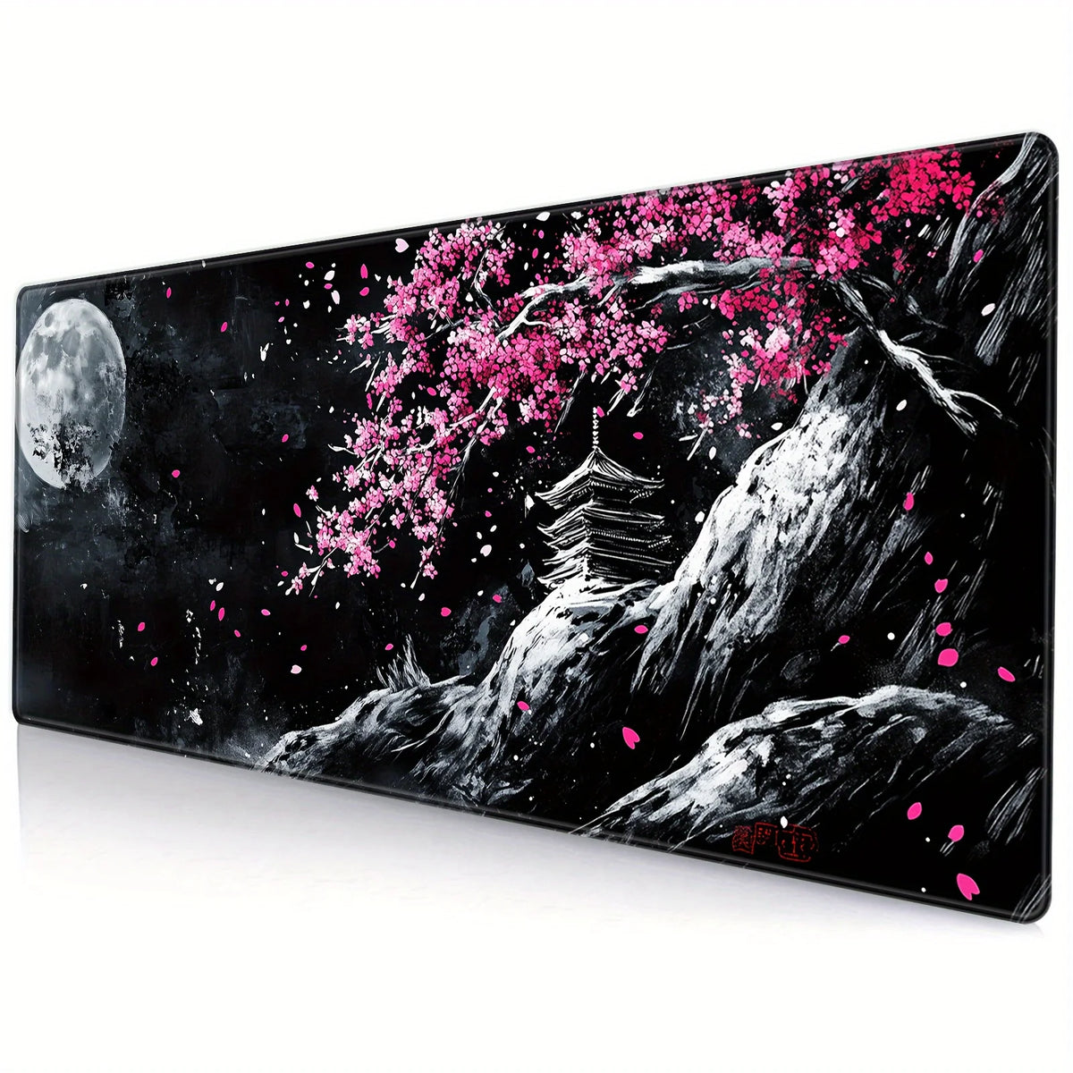 Un tapis de souris en acrylique noir avec la silhouette d'un arbre, des fleurs de cerisier roses et une pleine lune.