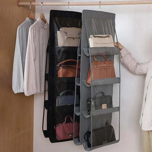 A double-sided hanging storage organizer with multiple mesh pockets for shoes and accessories.