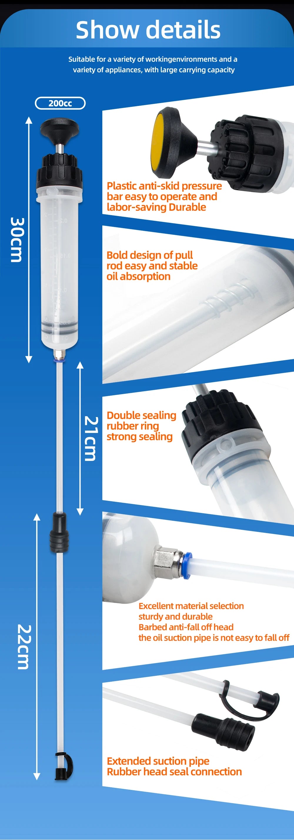 Diagram showing the dimensions and features of a plastic anti-skid pressure bar oil extractor pump.