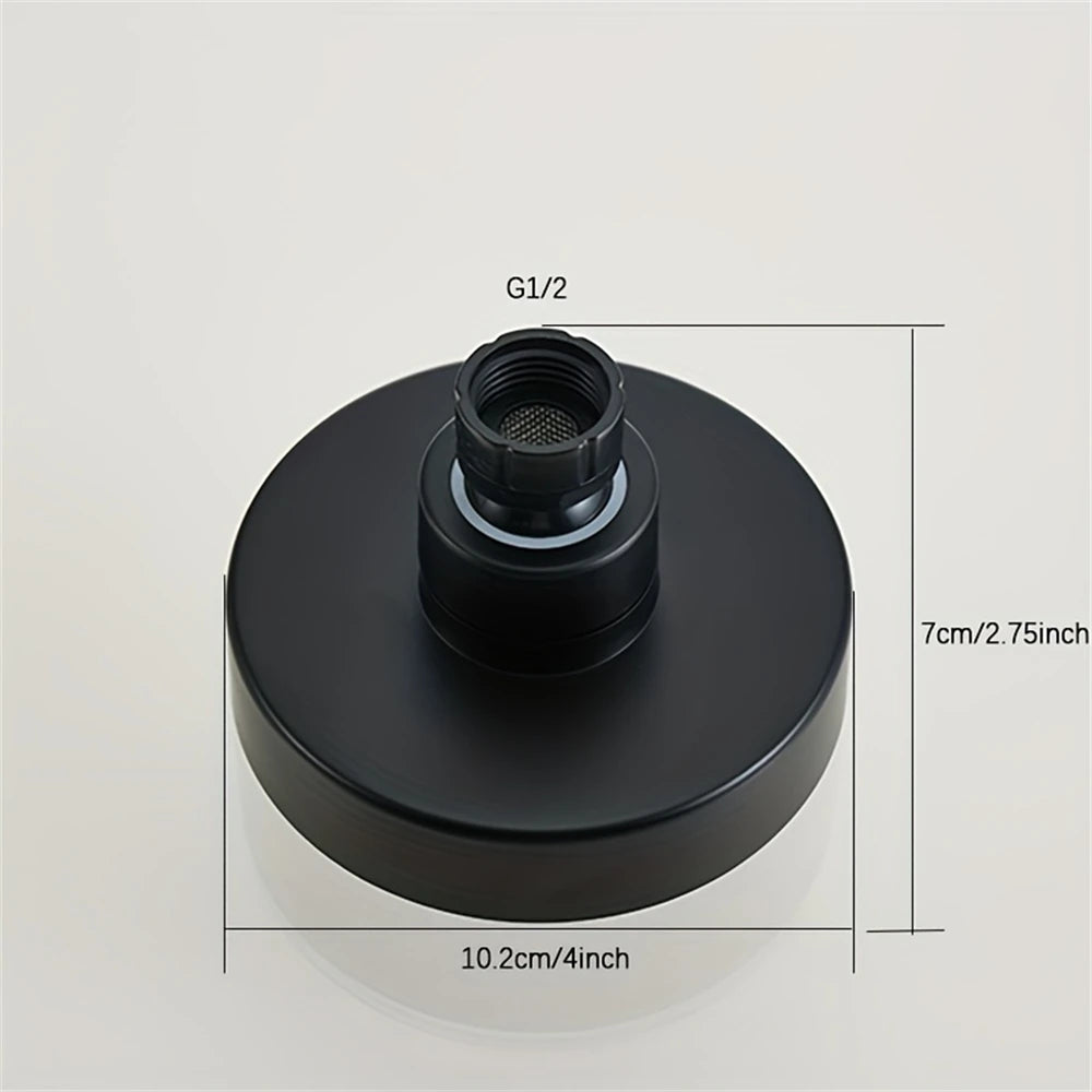 Matte black shower head with a G1/2 threaded connection and dimensions 10.2cm (4 inch) in diameter.