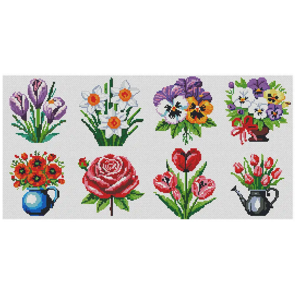 A grid of eight mini floral cross stitch designs featuring various flowers in different colors and arrangements.