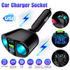 A black dual USB car charger socket with a digital display and lightning bolt graphic.