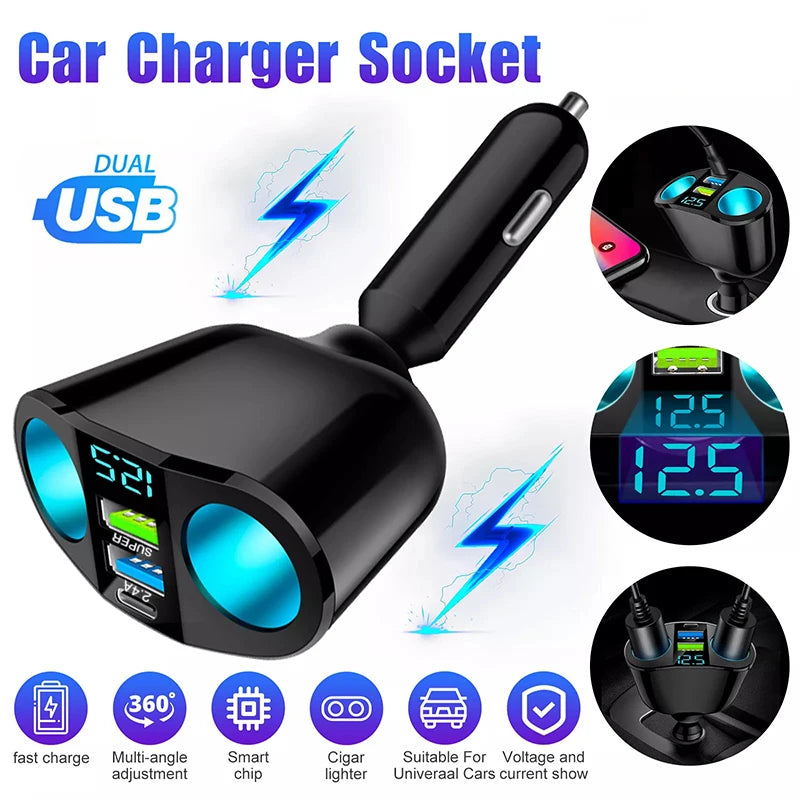 A black dual USB car charger socket with a digital display and lightning bolt graphic.