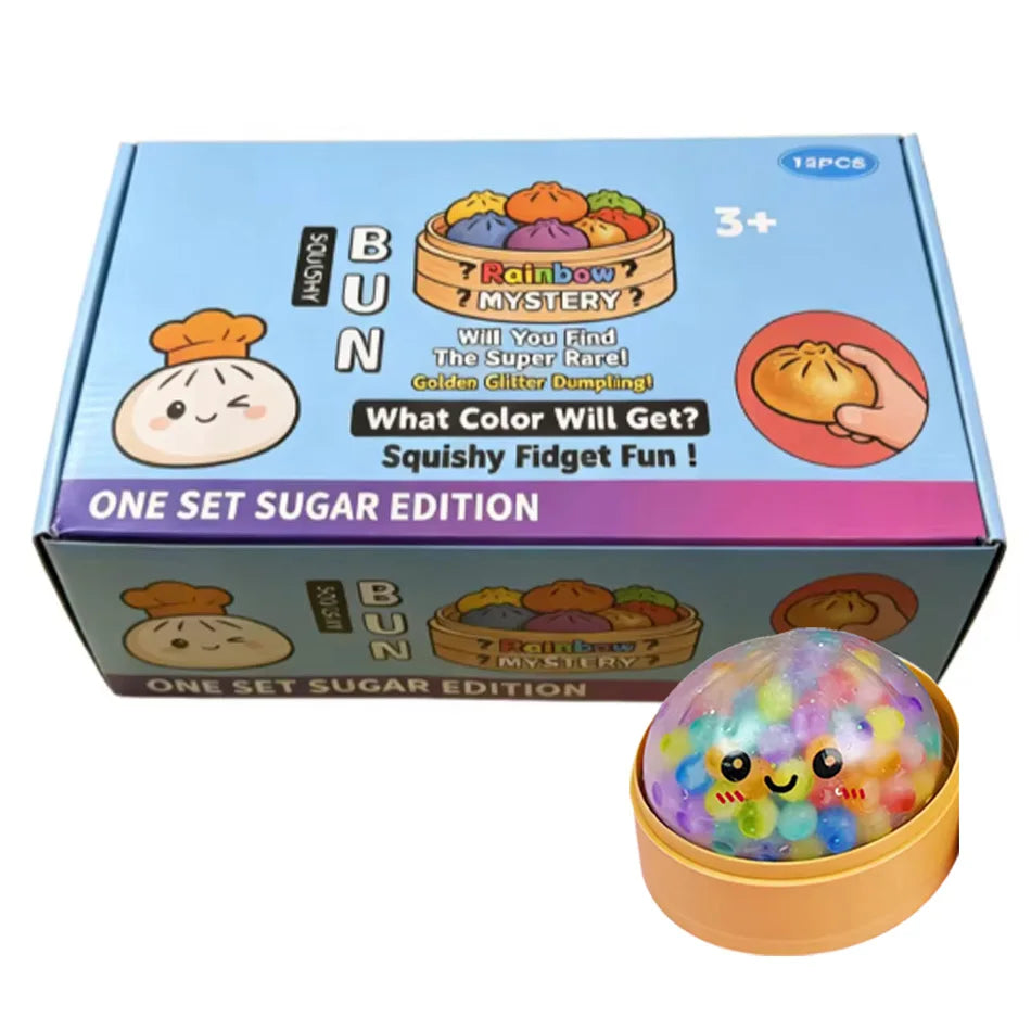 Eine Box mit bunte Perlen-Dumpling-Squishy Fidget-Spielzeug mit einem farbigen Perlen-Dumpling drinnen