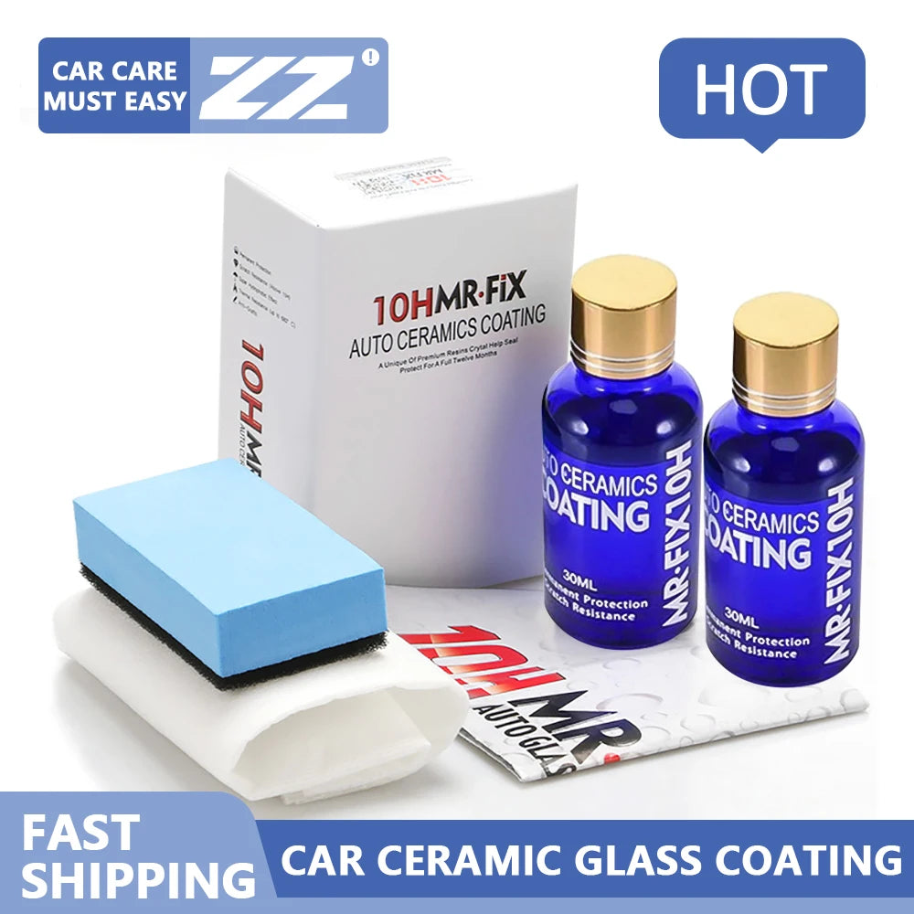 A kit for 10H MR Fix auto ceramics coating featuring a bottle and applicator on a white background.