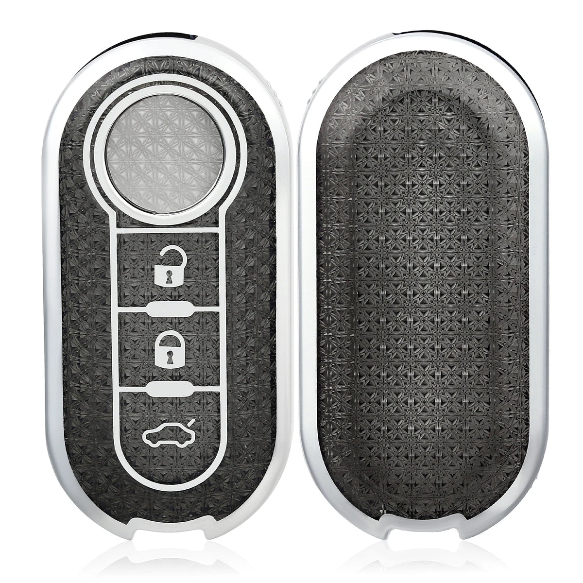 A pair of luxury leather key cases for Fiat and Citroen models, shown side by side.
