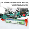 A tube of HXP-603 solder paste is shown next to a circuit board with bright and full solder joints.