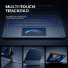 A multi-touch trackpad and keyboard combo for an iPad, showing Type-C charging, anti-scratch leather, and automatic sleep/wak