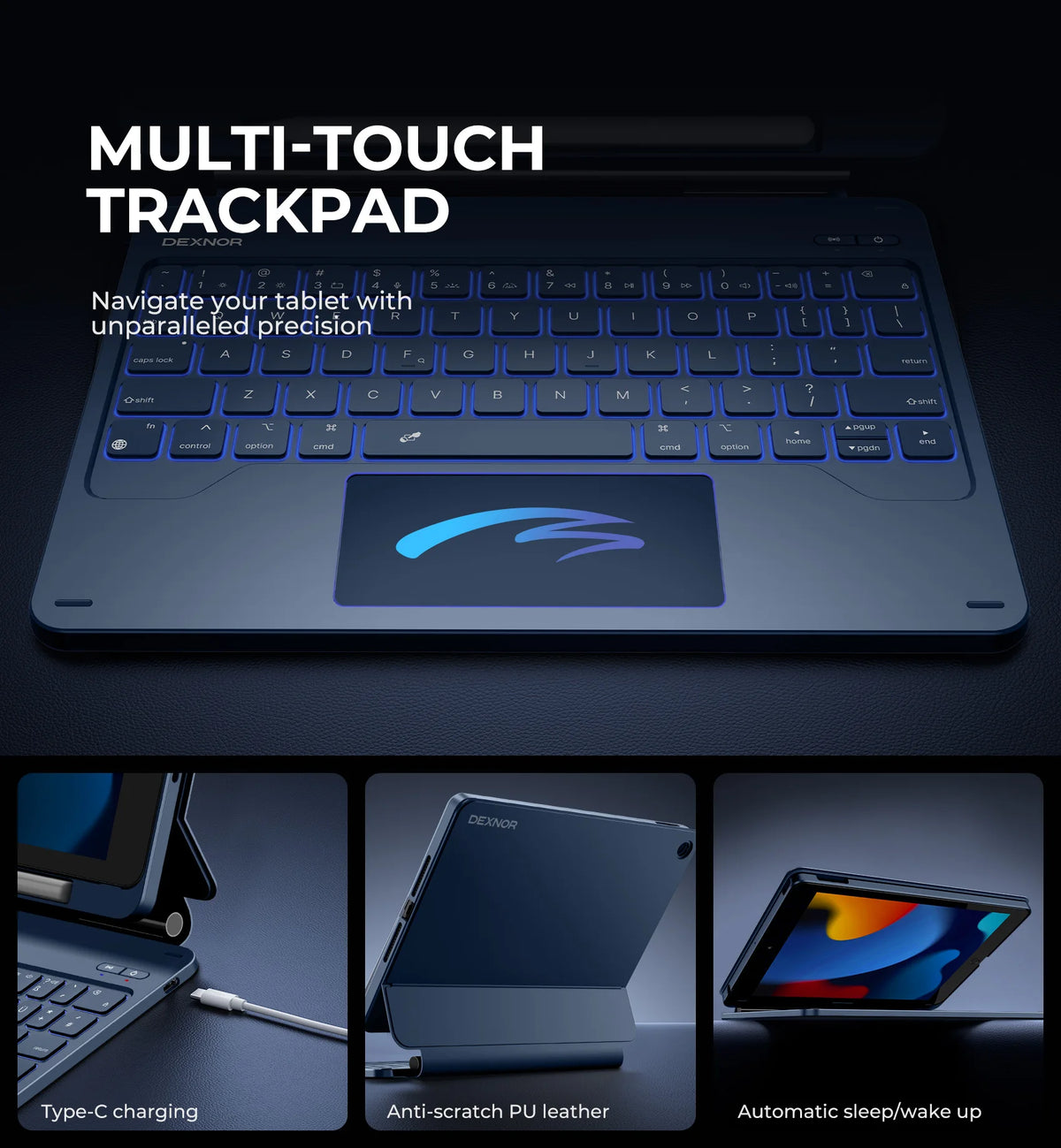 A multi-touch trackpad and keyboard combo for an iPad, showing Type-C charging, anti-scratch leather, and automatic sleep/wak