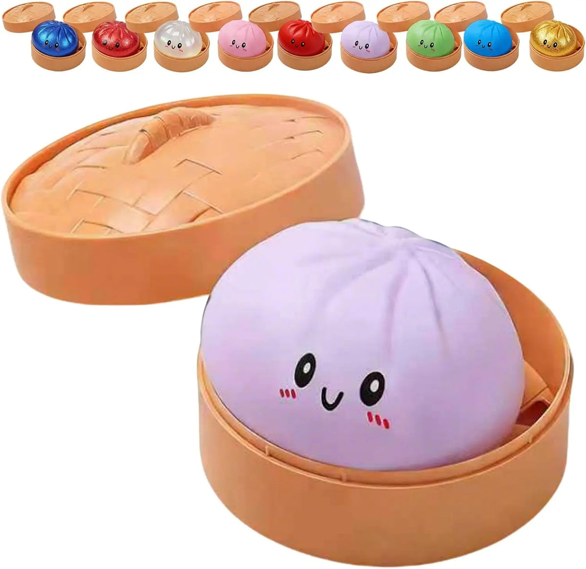 A set of colorful glitter dumpling squishy toys in various colors and shapes displayed in an orange container.