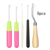 A set of five plastic latch hook needles for crochet, dreadlocks, and rug making in various colors.