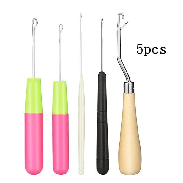A set of five plastic latch hook needles for crochet, dreadlocks, and rug making in various colors.