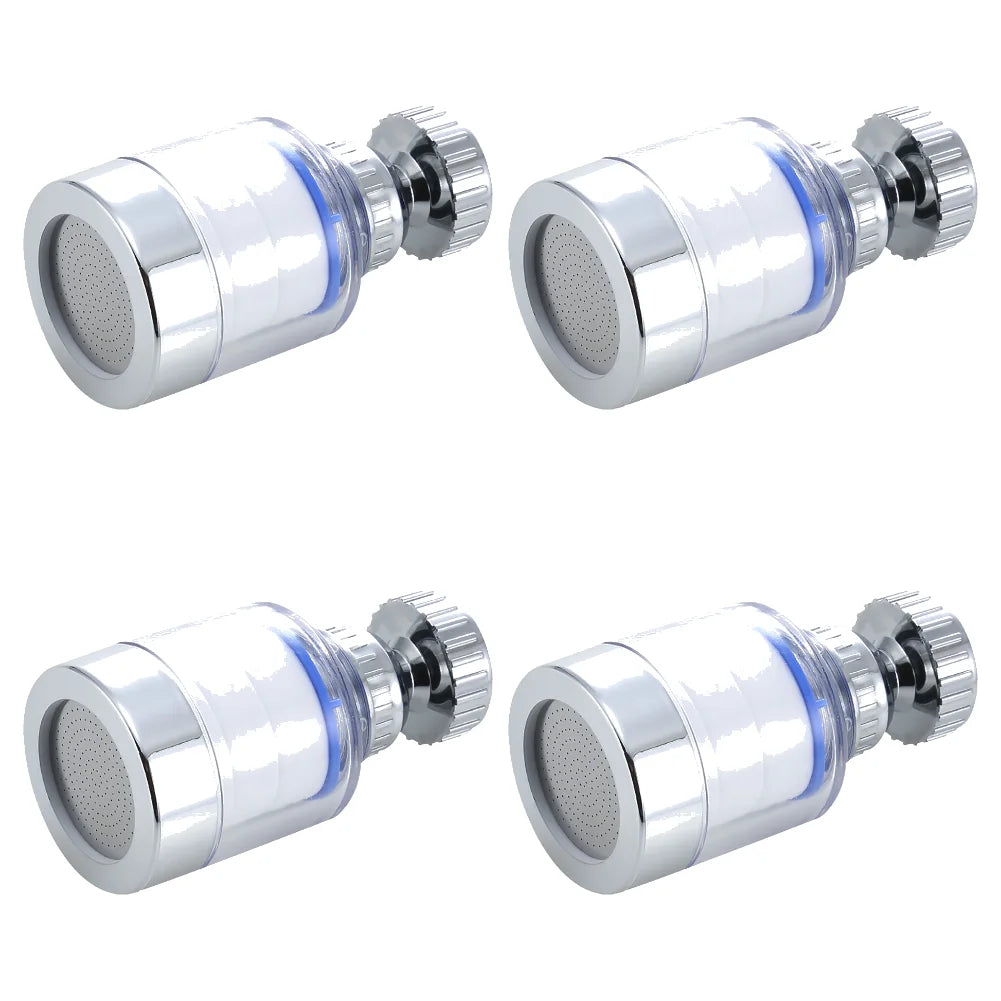 Silver kitchen faucet water filter with a rotating head and splash guard