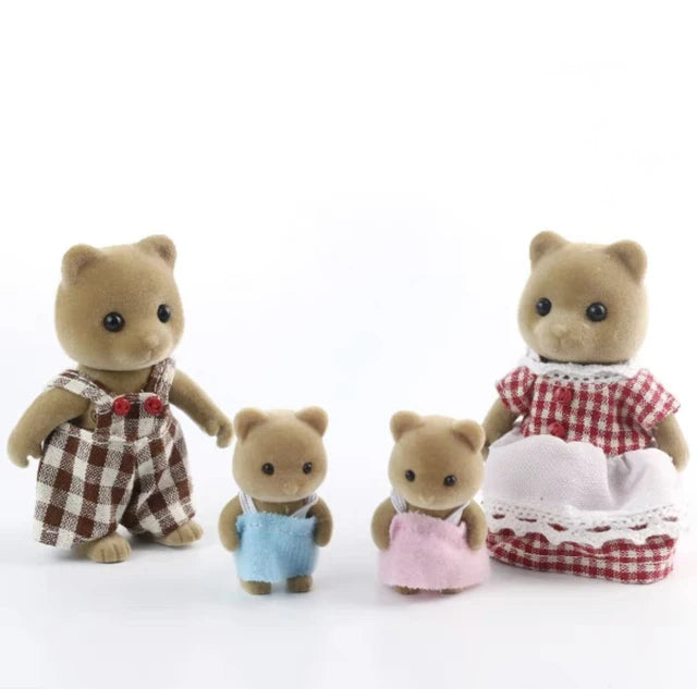 A set of forest animal miniature dolls dressed in clothing, including a brown bear and a rabbit.