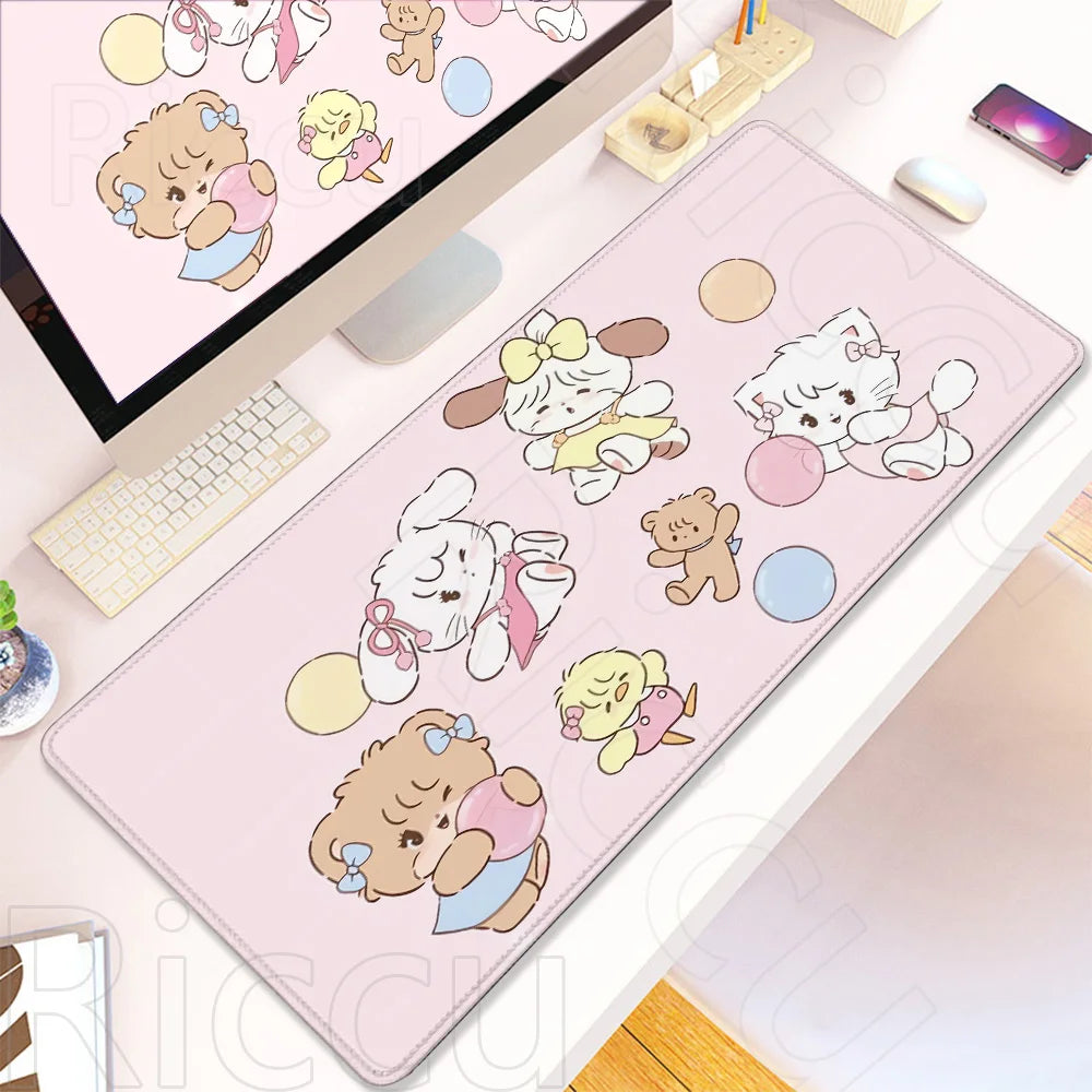 A pink kawaii cartoon gaming desk mat featuring cute animal characters and a non-slip rubber base.