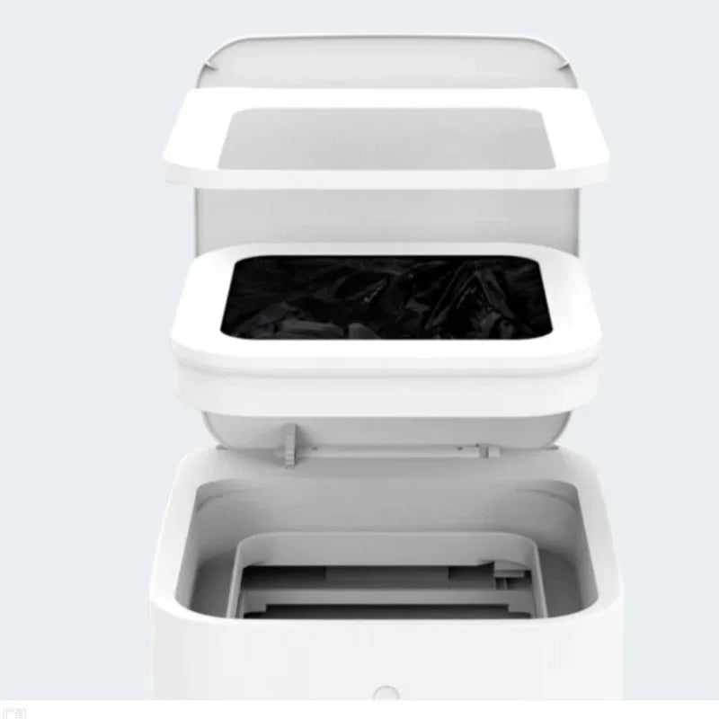 White replacement refill rings for a smart kitchen trash can with an open lid.